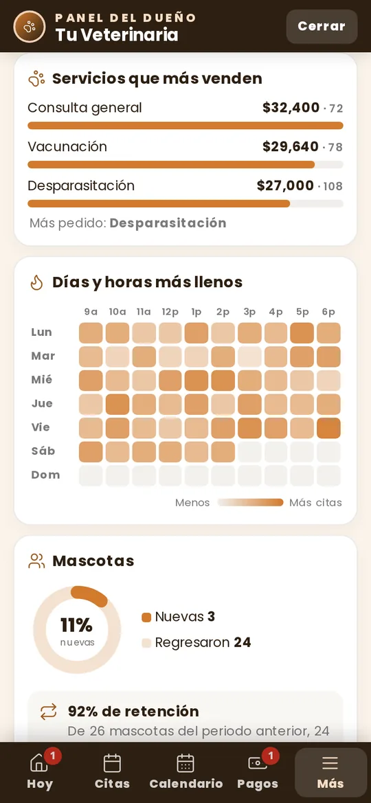 Servicios que más venden y horas más llenas de una veterinaria de ejemplo