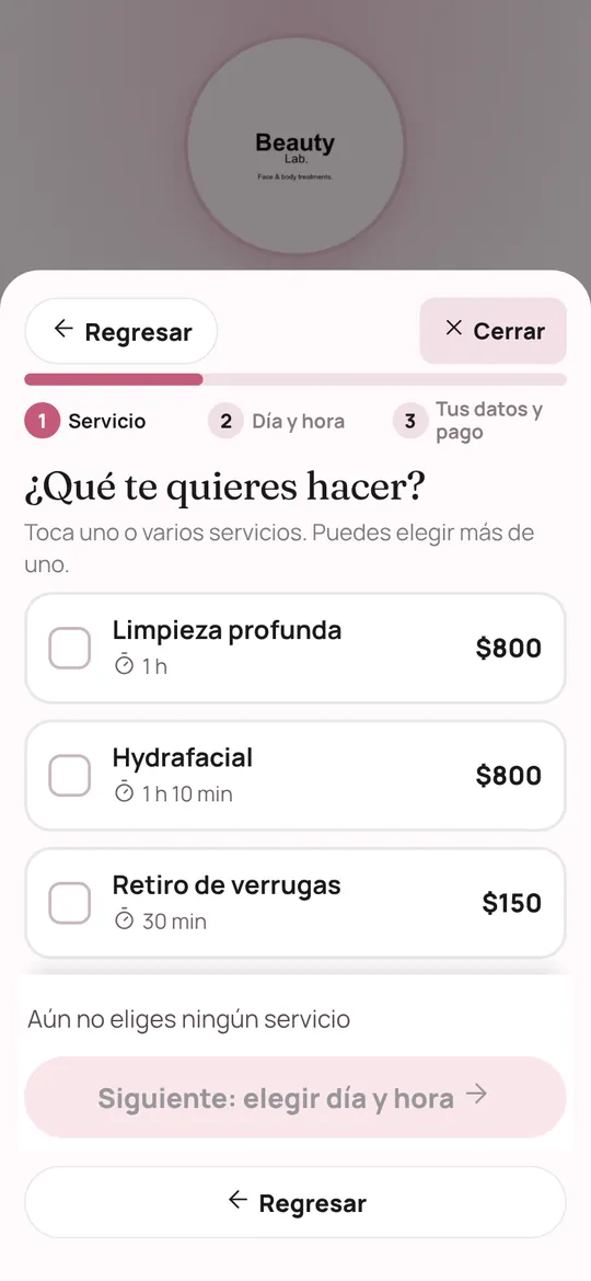 Paso para elegir servicio dentro de la reserva, con botón Atrás
