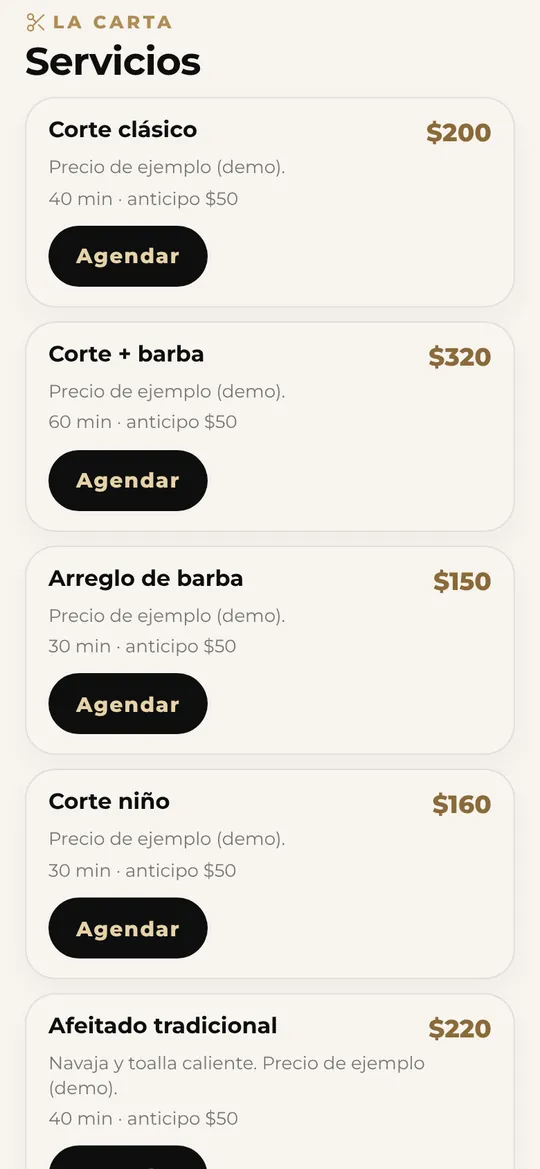 Lista de servicios con precio y botón Agendar